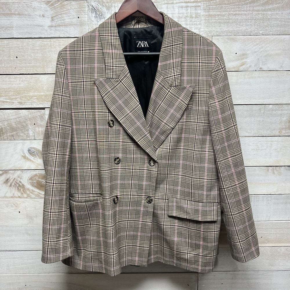 Zara Blazer Women XL Brown Tan Pink‎ Plaid Lined Pockets Career Office Business